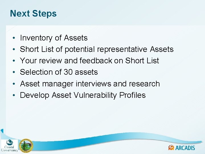 Next Steps • • • Inventory of Assets Short List of potential representative Assets