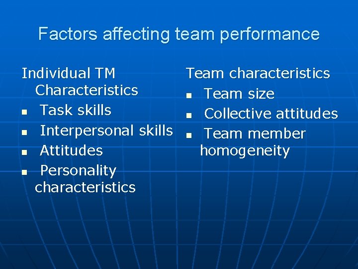 Factors affecting team performance Individual TM Team characteristics Characteristics n Team size n Task