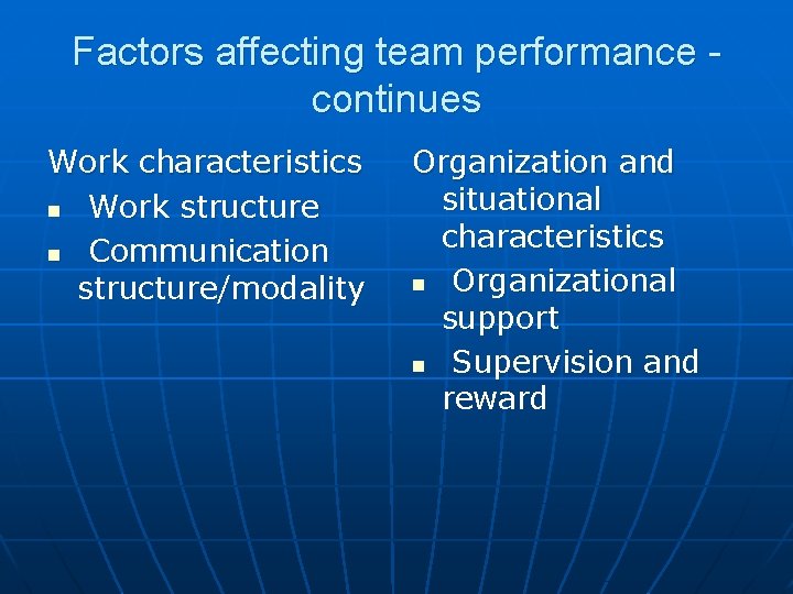 Factors affecting team performance continues Work characteristics n Work structure n Communication structure/modality Organization