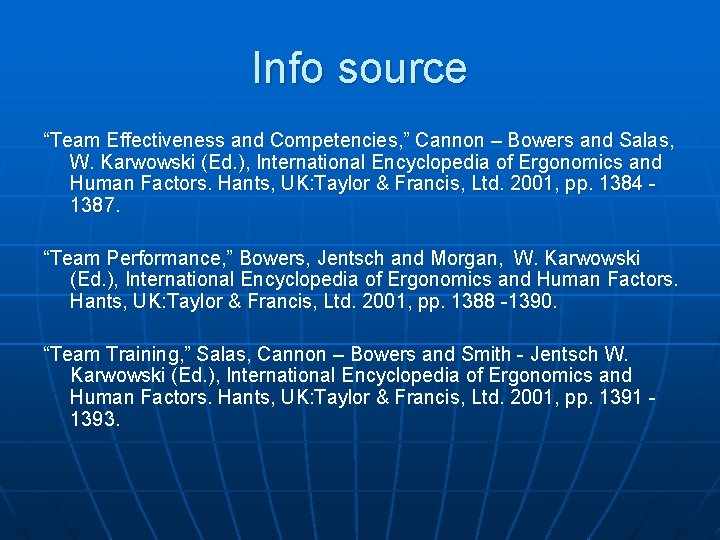 Info source “Team Effectiveness and Competencies, ” Cannon – Bowers and Salas, W. Karwowski