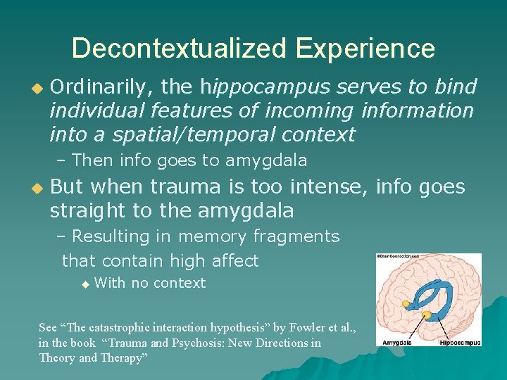 Decontextualized Experience u Ordinarily, the hippocampus serves to bind individual features of incoming information