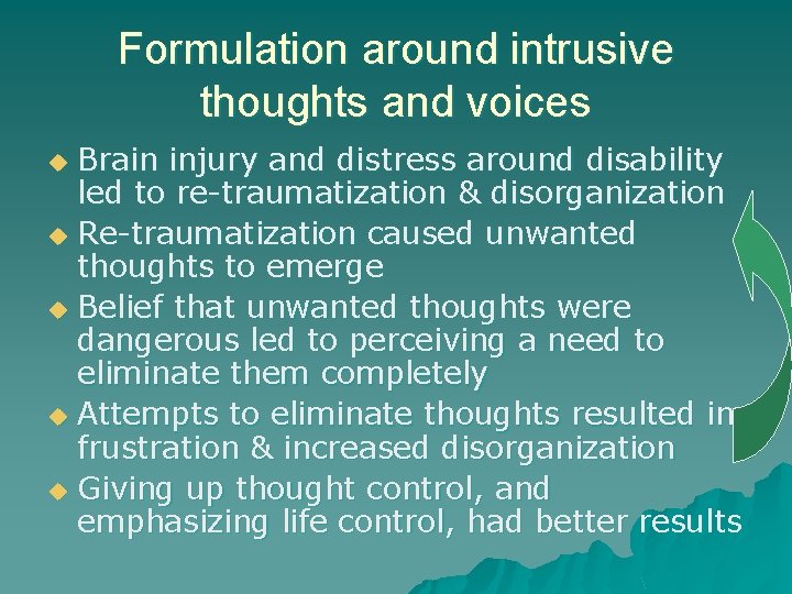 Formulation around intrusive thoughts and voices Brain injury and distress around disability led to