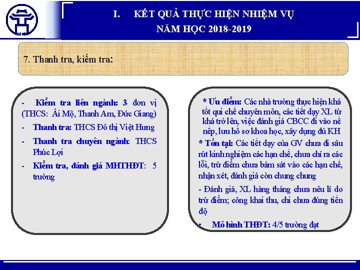 I. KẾT QUẢ THỰC HIỆN NHIỆM VỤ NĂM HỌC 2018 -2019 7. Thanh tra,