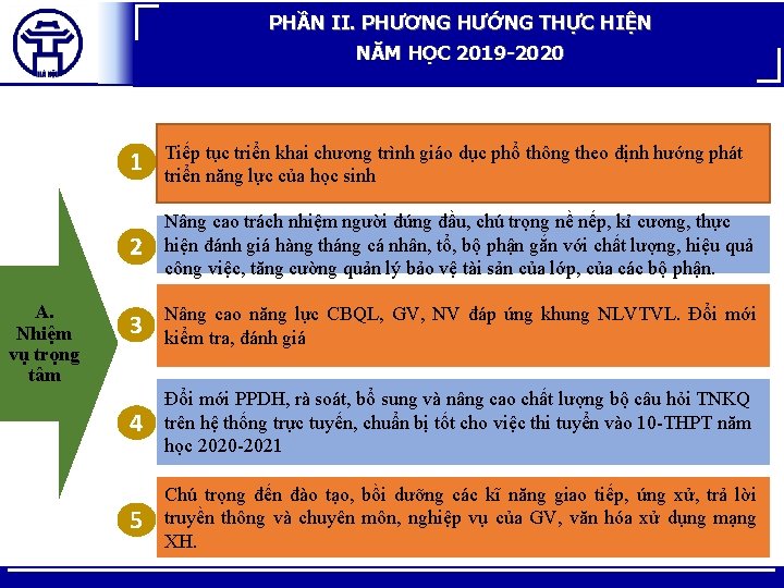 PHẦN II. PHƯƠNG HƯỚNG THỰC HIỆN NĂM HỌC 2019 -2020 A. Nhiệm vụ trọng