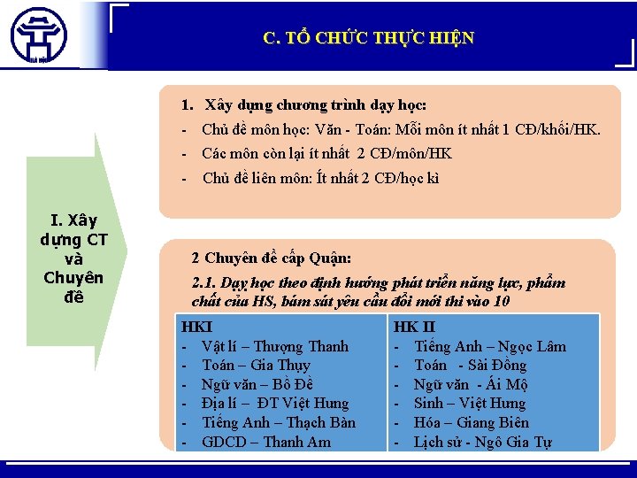 C. TỔ CHỨC THỰC HIỆN 1. I. Xây dựng CT và Chuyên đề Xây