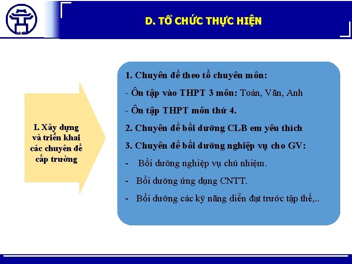 D. TỔ CHỨC THỰC HIỆN 1. Chuyên đề theo tổ chuyên môn: - Ôn