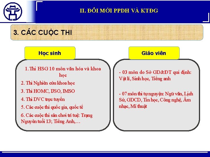 II. ĐỔI MỚI PPDH VÀ KTĐG 3. CÁC CUỘC THI Học sinh 1. Thi