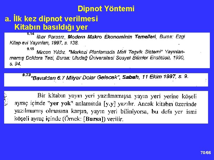 Dipnot Yöntemi a. İlk kez dipnot verilmesi Kitabın basıldığı yer 70/66 