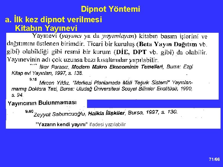 Dipnot Yöntemi a. İlk kez dipnot verilmesi Kitabın Yayınevi ”Yazarın kendi yayını” ifadesi yazılabilir