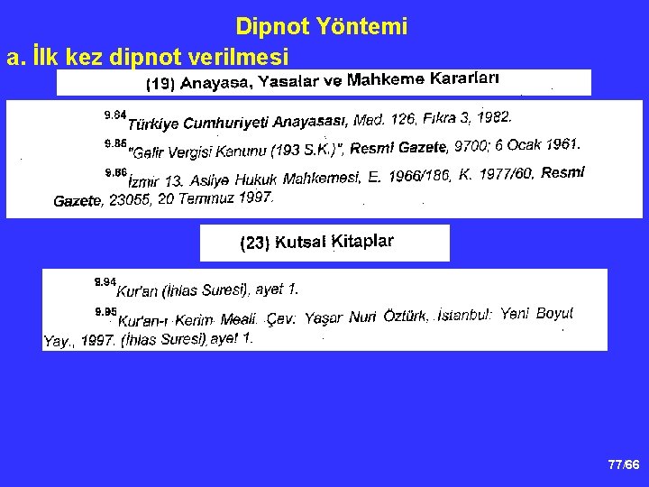 Dipnot Yöntemi a. İlk kez dipnot verilmesi 77/66 