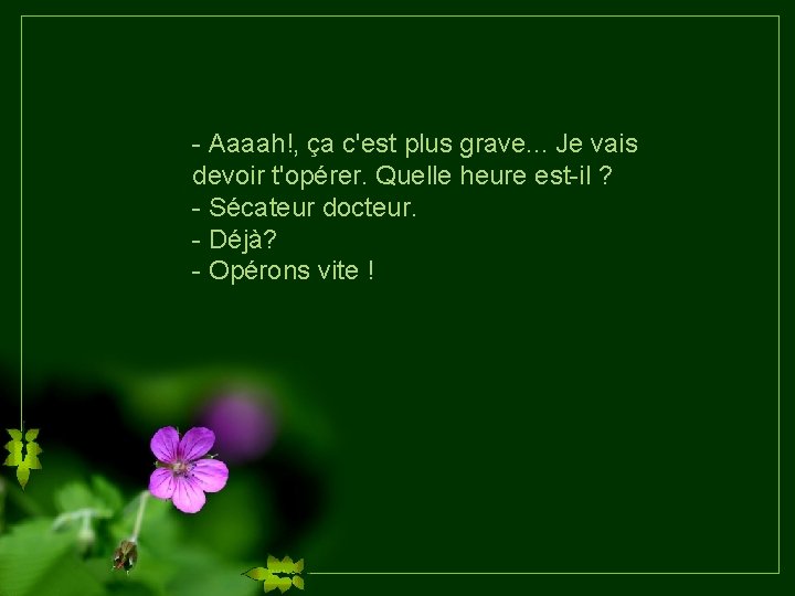 - Aaaah!, ça c'est plus grave. . . Je vais devoir t'opérer. Quelle heure