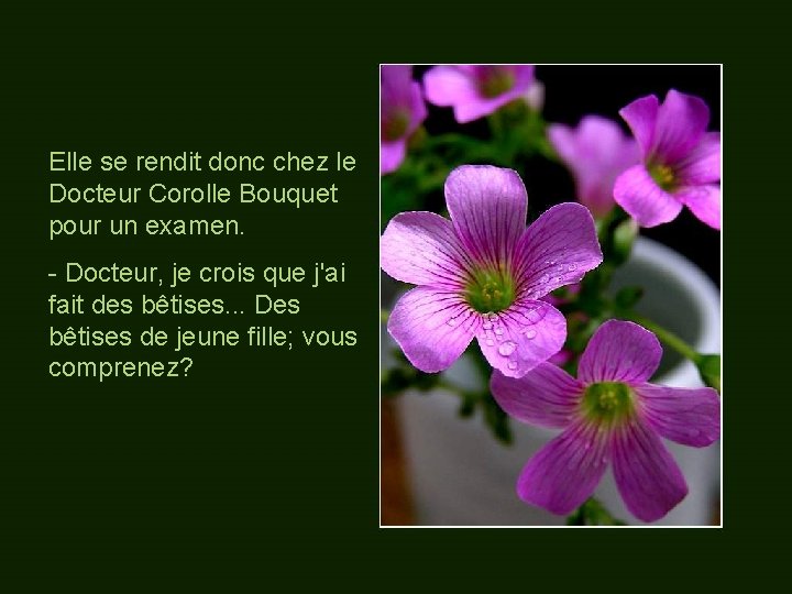 Elle se rendit donc chez le Docteur Corolle Bouquet pour un examen. - Docteur,