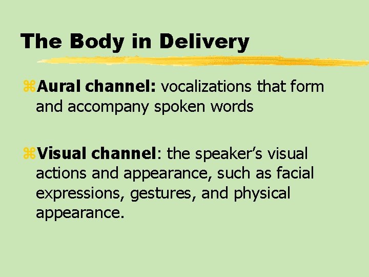 The Body in Delivery z. Aural channel: vocalizations that form and accompany spoken words