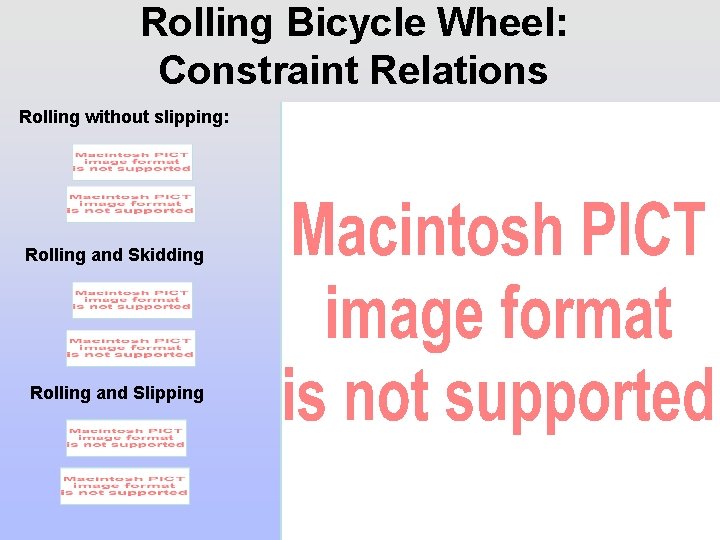 Rolling Bicycle Wheel: Constraint Relations Rolling without slipping: Rolling and Skidding Rolling and Slipping