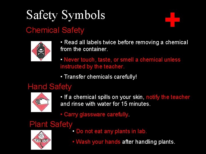 Safety Symbols Chemical Safety • Read all labels twice before removing a chemical from