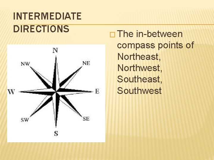 INTERMEDIATE DIRECTIONS � The in-between compass points of Northeast, Northwest, Southeast, Southwest 
