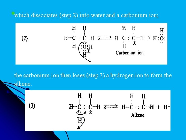 lwhich dissociates (step 2) into water and a carbonium ion; + the carbonium ion