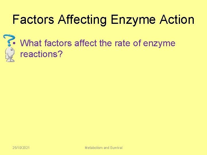 Factors Affecting Enzyme Action • What factors affect the rate of enzyme reactions? 25/10/2021
