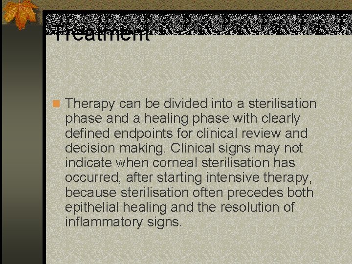 Treatment n Therapy can be divided into a sterilisation phase and a healing phase