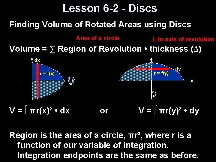 Lesson 6 -2 - Discs Finding Volume of Rotated Areas using Discs Area of