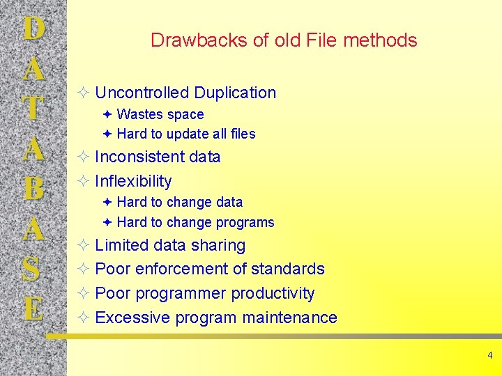 D A T A B A S E Drawbacks of old File methods ²