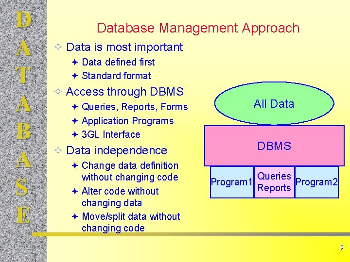 D A T A B A S E Database Management Approach ² Data is