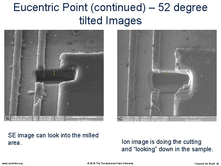 Eucentric Point (continued) – 52 degree tilted Images SE image can look into the