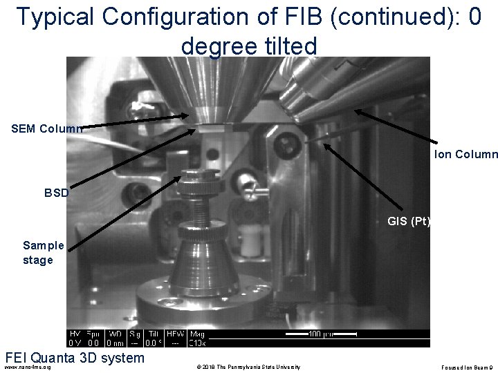 Typical Configuration of FIB (continued): 0 degree tilted SEM Column Ion Column BSD GIS