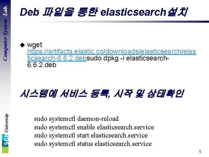 Computer System Lab. Deb 파일을 통한 elasticsearch설치 u wget https: //artifacts. elastic. co/downloads/elasticsearch/elas ticsearch-6.