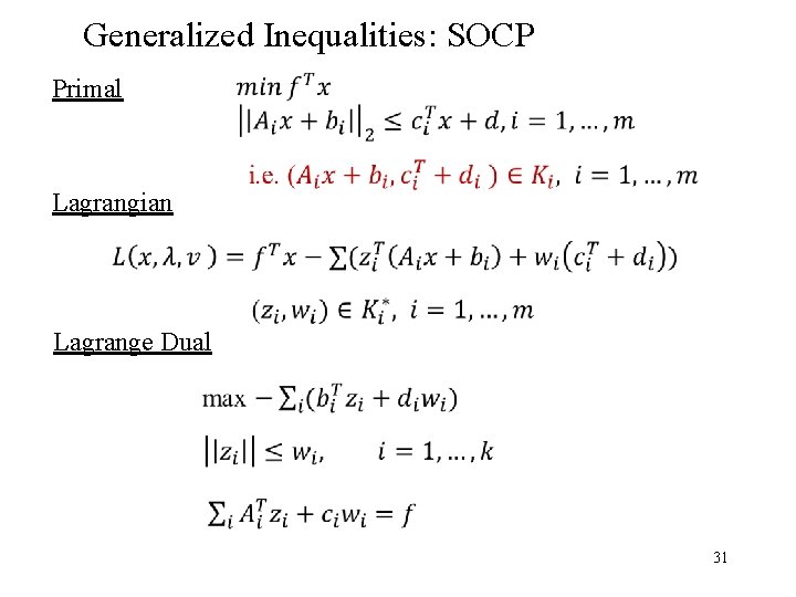 Generalized Inequalities: SOCP Primal Lagrangian Lagrange Dual 31 