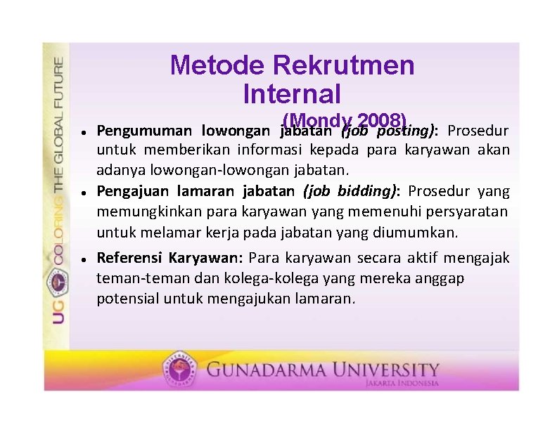 Metode Rekrutmen Internal (Mondy 2008) Pengumuman lowongan jabatan (job posting): Prosedur untuk memberikan informasi
