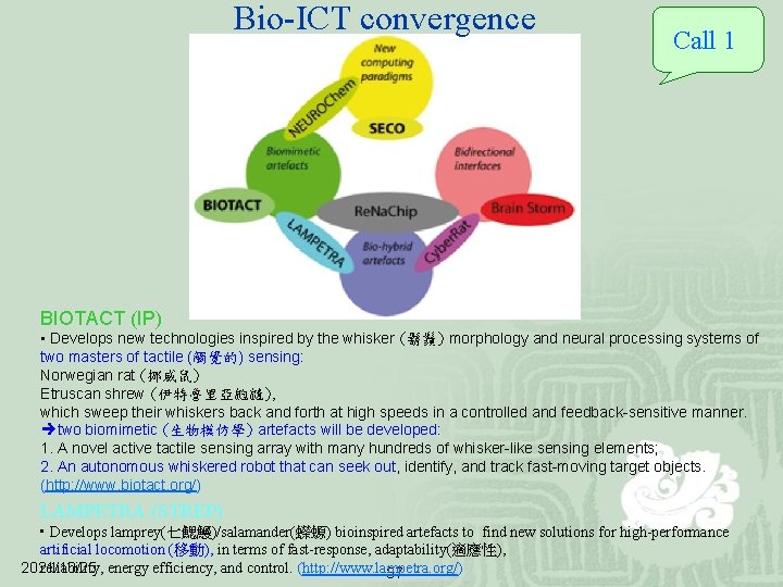Bio-ICT convergence Call 1 BIOTACT (IP) • Develops new technologies inspired by the whisker