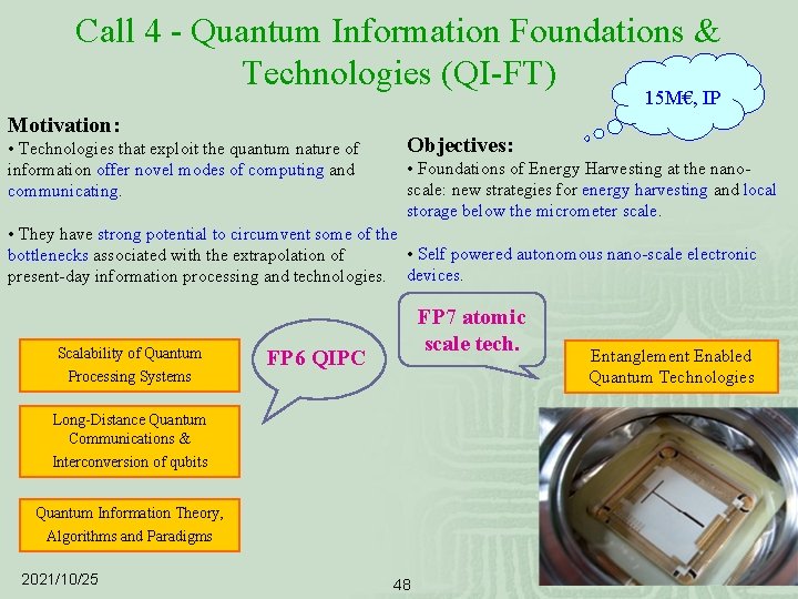Call 4 - Quantum Information Foundations & Technologies (QI-FT) 15 M€, IP Motivation: •