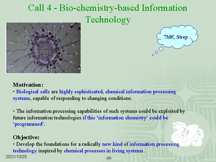 Call 4 - Bio-chemistry-based Information Technology 7 M€, Strep Motivation: • Biological cells are