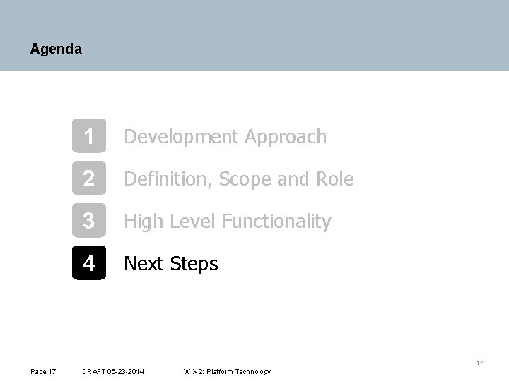 Agenda 1 Development Approach 2 Definition, Scope and Role 3 High Level Functionality 4