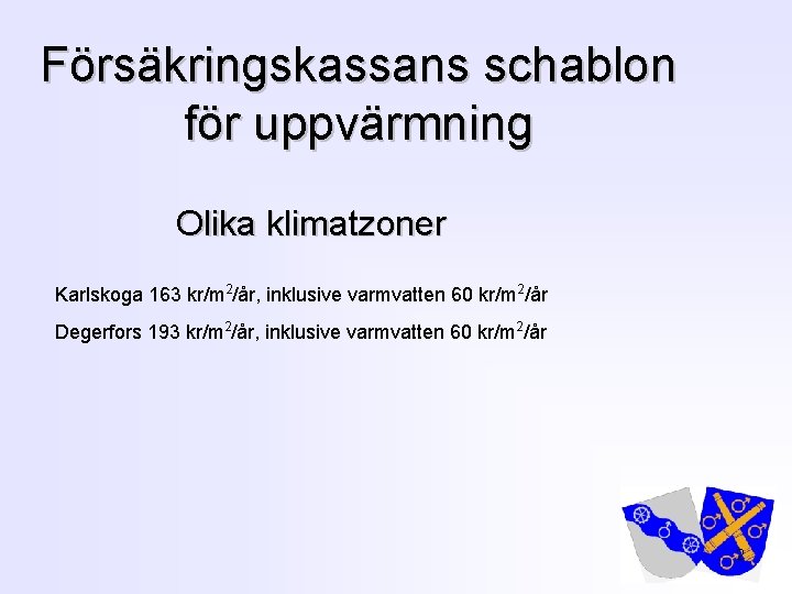 Försäkringskassans schablon för uppvärmning Olika klimatzoner Karlskoga 163 kr/m 2/år, inklusive varmvatten 60 kr/m