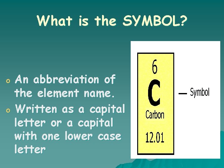 What is the SYMBOL? o o An abbreviation of the element name. Written as
