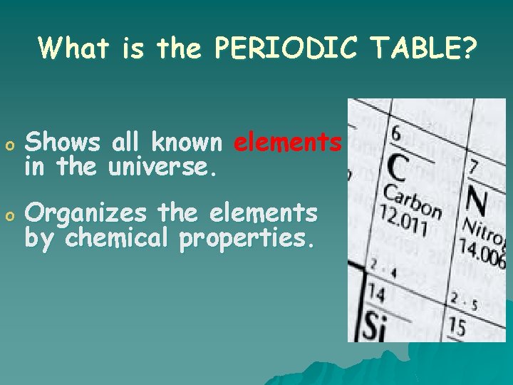 What is the PERIODIC TABLE? o Shows all known elements in the universe. o