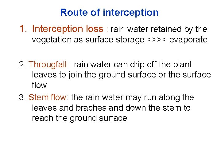 Route of interception 1. Interception loss : rain water retained by the vegetation as