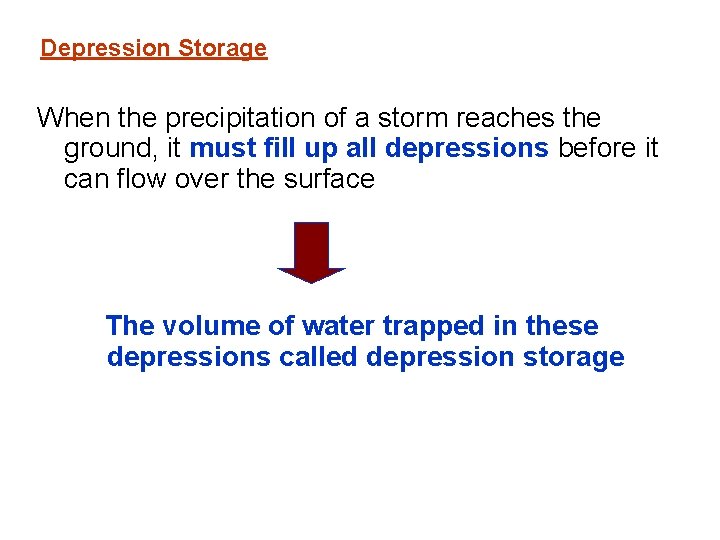 Depression Storage When the precipitation of a storm reaches the ground, it must fill