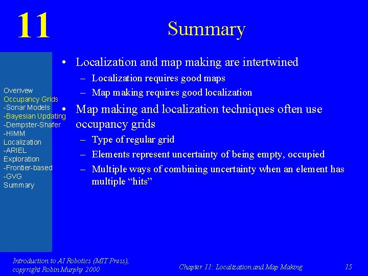 11 Summary • Localization and map making are intertwined Overivew Occupancy Grids -Sonar Models