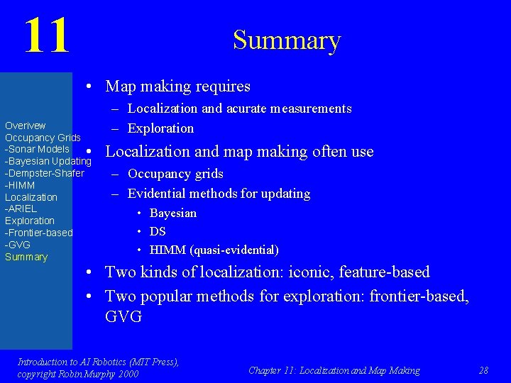 11 Summary • Map making requires Overivew Occupancy Grids -Sonar Models -Bayesian Updating -Dempster-Shafer