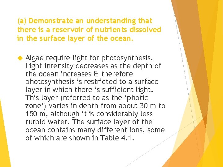 (a) Demonstrate an understanding that there is a reservoir of nutrients dissolved in the