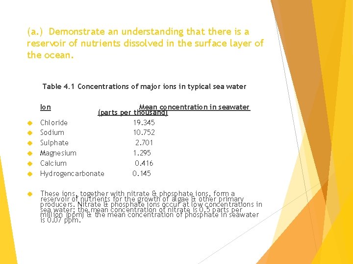 (a. ) Demonstrate an understanding that there is a reservoir of nutrients dissolved in