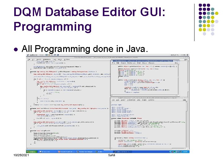 DQM Database Editor GUI: Programming l All Programming done in Java. 10/25/2021 Safdi 