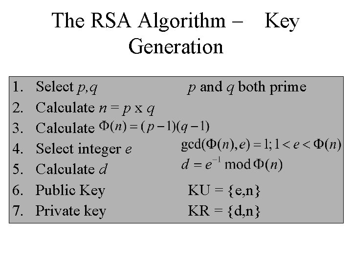 The RSA Algorithm – Generation 1. 2. 3. 4. 5. 6. 7. Select p,