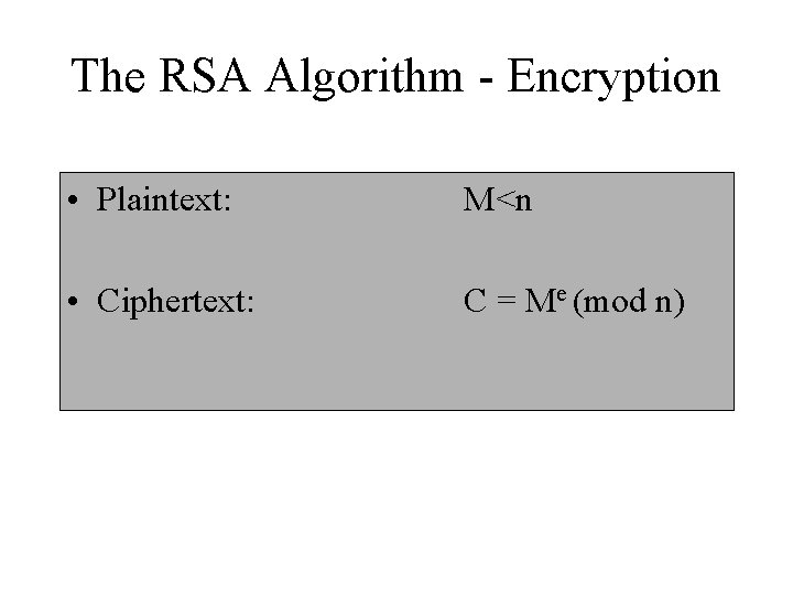 The RSA Algorithm - Encryption • Plaintext: M<n • Ciphertext: C = Me (mod