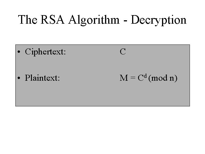 The RSA Algorithm - Decryption • Ciphertext: C • Plaintext: M = Cd (mod