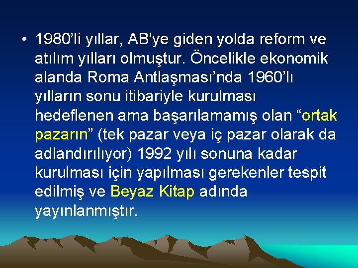  • 1980’li yıllar, AB’ye giden yolda reform ve atılım yılları olmuştur. Öncelikle ekonomik