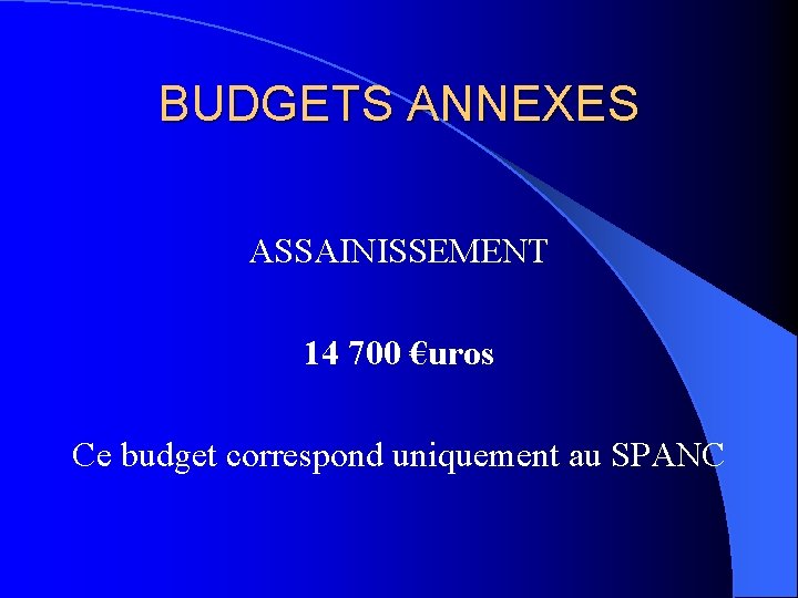 BUDGETS ANNEXES ASSAINISSEMENT 14 700 €uros Ce budget correspond uniquement au SPANC 